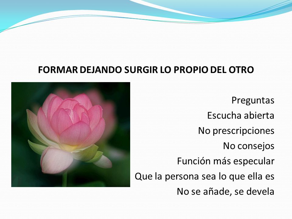FORMAR DEJANDO SURGIR LO PROPIO DEL OTRO Preguntas Escucha abierta No prescripciones No consejos Función más especular Que la persona sea lo que ella es No se añade, se devela
