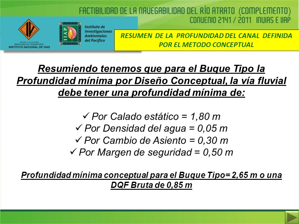 RESUMEN DE LA PROFUNDIDAD DEL CANAL DEFINIDA POR EL METODO CONCEPTUAL