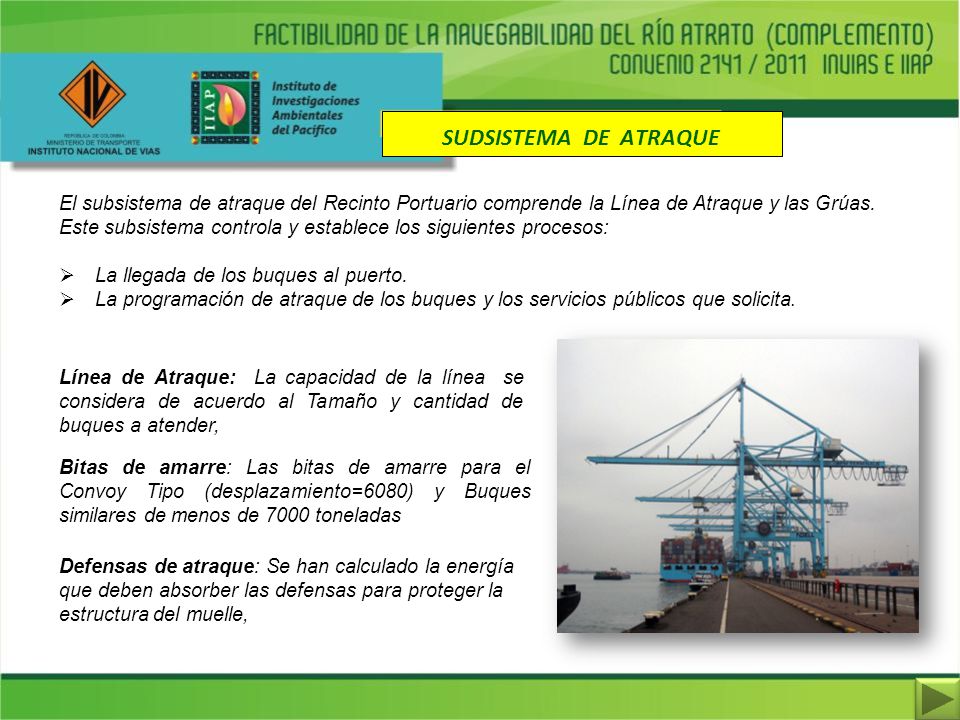 SUDSISTEMA DE ATRAQUE El subsistema de atraque del Recinto Portuario comprende la Línea de Atraque y las Grúas.