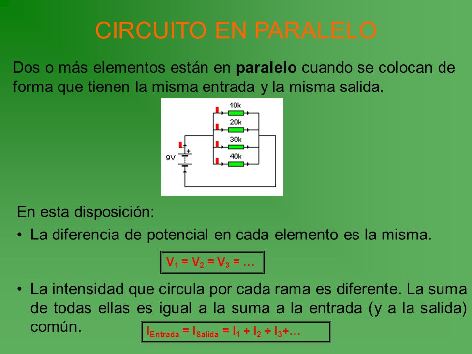 CIRCUITO EN PARALELO Dos o más elementos están en paralelo cuando se colocan de forma que tienen la misma entrada y la misma salida.
