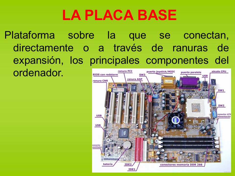LA PLACA BASE Plataforma sobre la que se conectan, directamente o a través de ranuras de expansión, los principales componentes del ordenador.