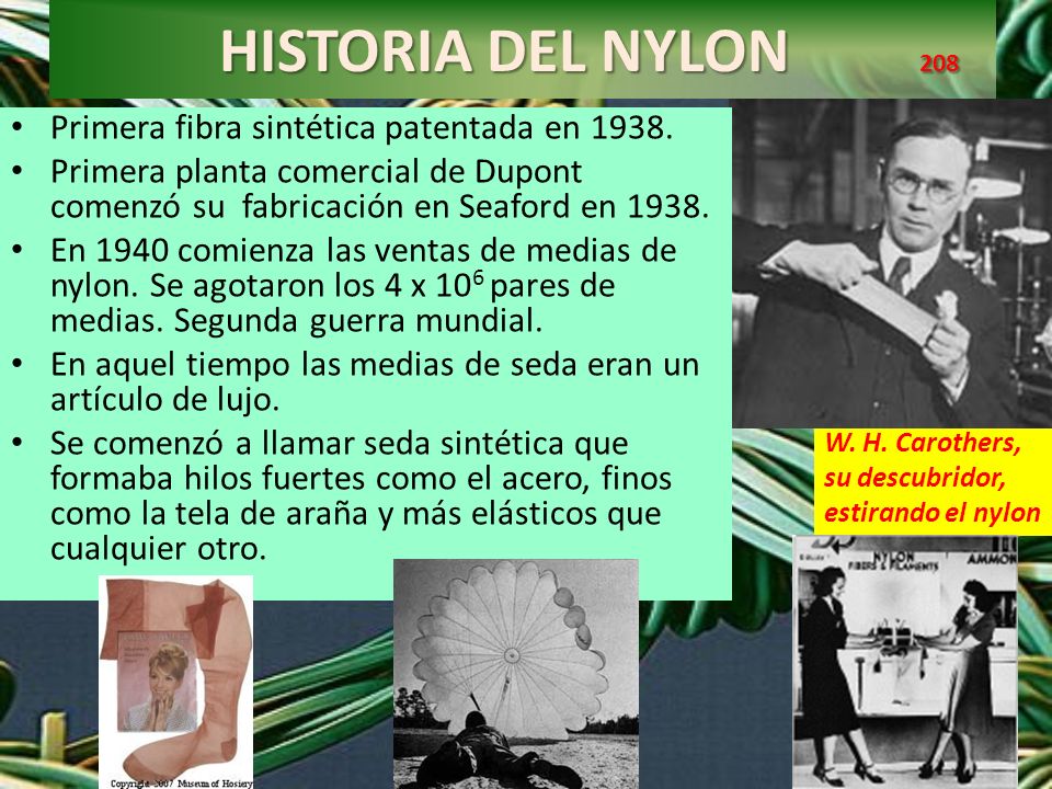HISTORIA DEL NYLON 208 Primera fibra sintética patentada en 1938.