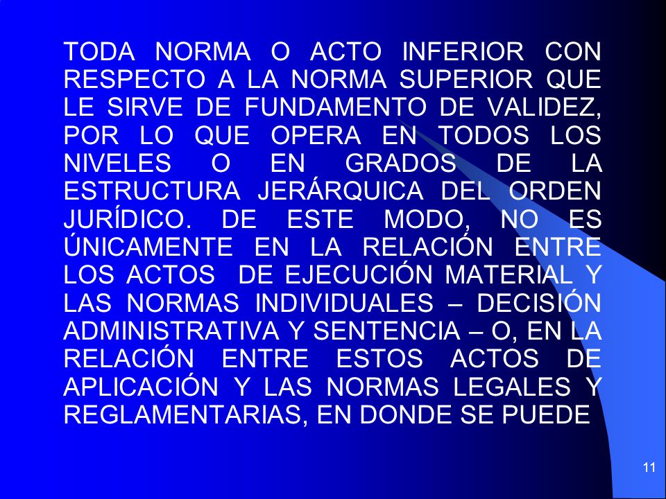 TODA NORMA O ACTO INFERIOR CON RESPECTO A LA NORMA SUPERIOR QUE LE SIRVE DE FUNDAMENTO DE VALIDEZ, POR LO QUE OPERA EN TODOS LOS NIVELES O EN GRADOS DE LA ESTRUCTURA JERÁRQUICA DEL ORDEN JURÍDICO.