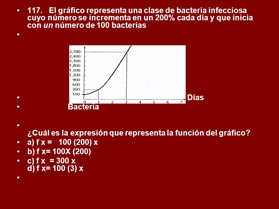 117. El gráfico representa una clase de bacteria infecciosa cuyo número se incrementa en un 200% cada día y que inicia con un número de 100 bacterias