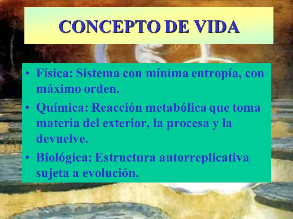 CONCEPTO DE VIDA Física: Sistema con mínima entropía, con máximo orden.