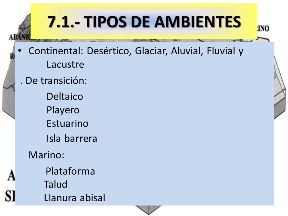 7.1.- TIPOS DE AMBIENTES Continental: Desértico, Glaciar, Aluvial, Fluvial y Lacustre. . De transición: