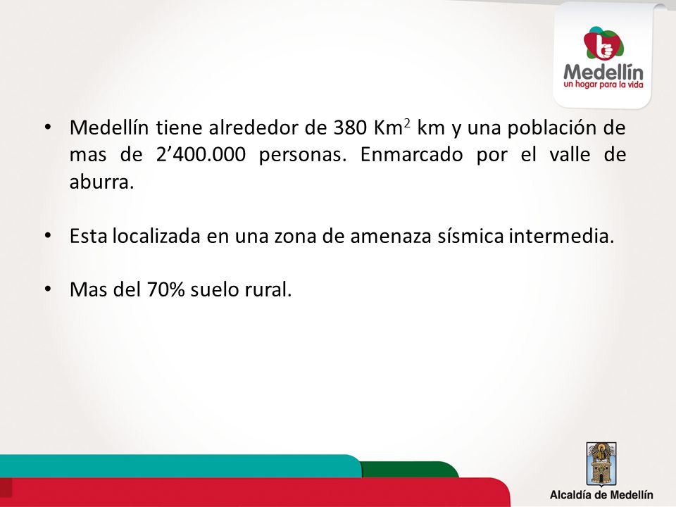 Medellín tiene alrededor de 380 Km2 km y una población de mas de 2’400