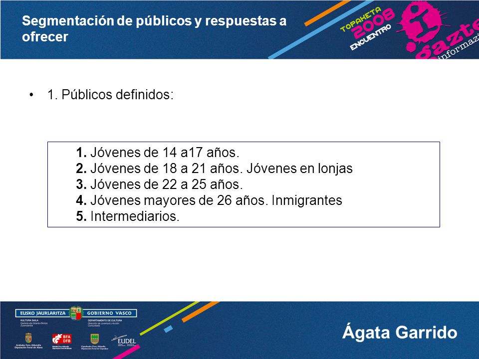 1. Públicos definidos: 1. Jóvenes de 14 a17 años. 2. Jóvenes de 18 a 21 años. Jóvenes en lonjas. 3. Jóvenes de 22 a 25 años.