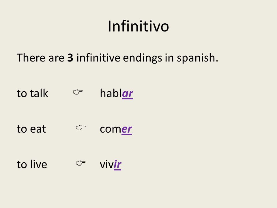 Infinitivo There are 3 infinitive endings in spanish.