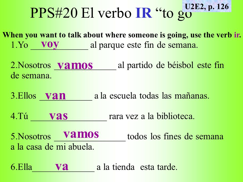 PPS#20 El verbo IR to go vamos van vas vamos va voy