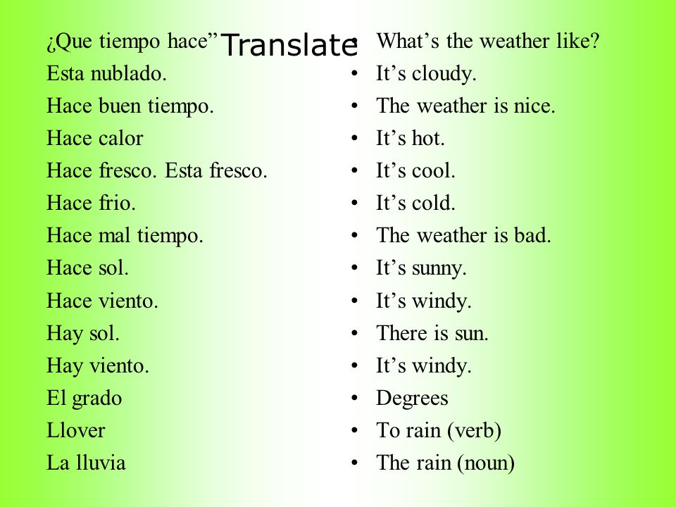 Translate ¿Que tiempo hace Esta nublado. Hace buen tiempo. Hace calor