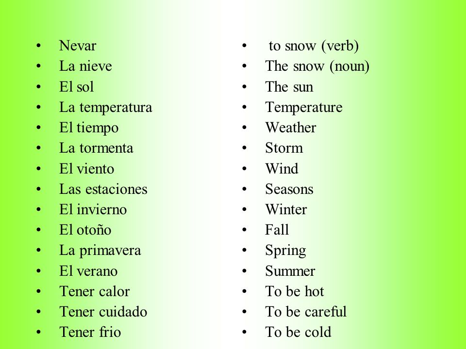 Nevar La nieve. El sol. La temperatura. El tiempo. La tormenta. El viento. Las estaciones. El invierno.