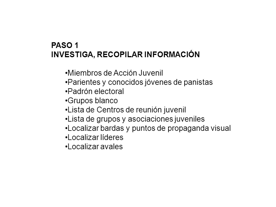 PASO 1 INVESTIGA, RECOPILAR INFORMACIÓN. Miembros de Acción Juvenil. Parientes y conocidos jóvenes de panistas.