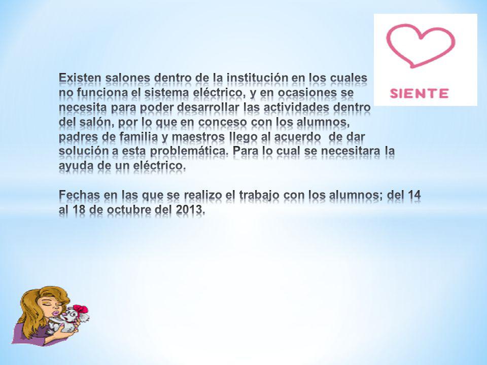 Existen salones dentro de la institución en los cuales no funciona el sistema eléctrico, y en ocasiones se necesita para poder desarrollar las actividades dentro del salón, por lo que en conceso con los alumnos, padres de familia y maestros llego al acuerdo de dar solución a esta problemática.
