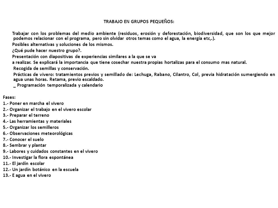 TRABAJO EN GRUPOS PEQUEÑOS: Trabajar con los problemas del medio ambiente (residuos, erosión y deforestación, biodiversidad, que son los que mejor podemos relacionar con el programa, pero sin olvidar otros temas como el agua, la energía etc,.).