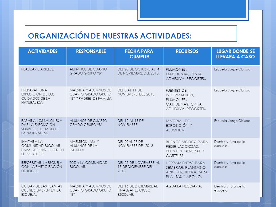 ORGANIZACIÓN DE NUESTRAS ACTIVIDADES: