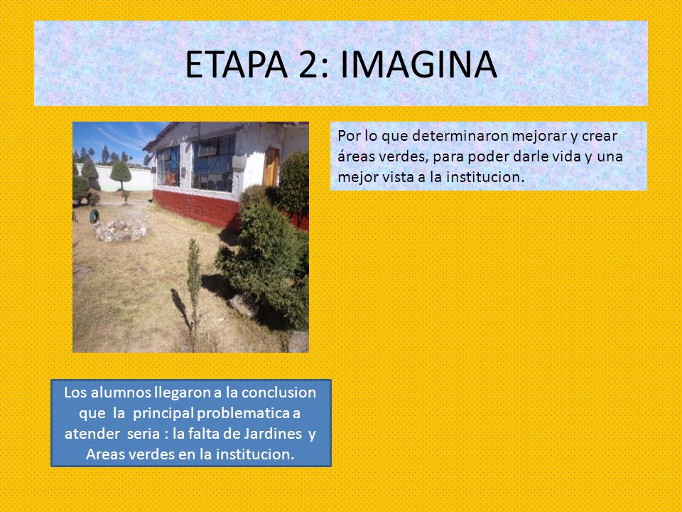 ETAPA 2: IMAGINA Por lo que determinaron mejorar y crear áreas verdes, para poder darle vida y una mejor vista a la institucion.