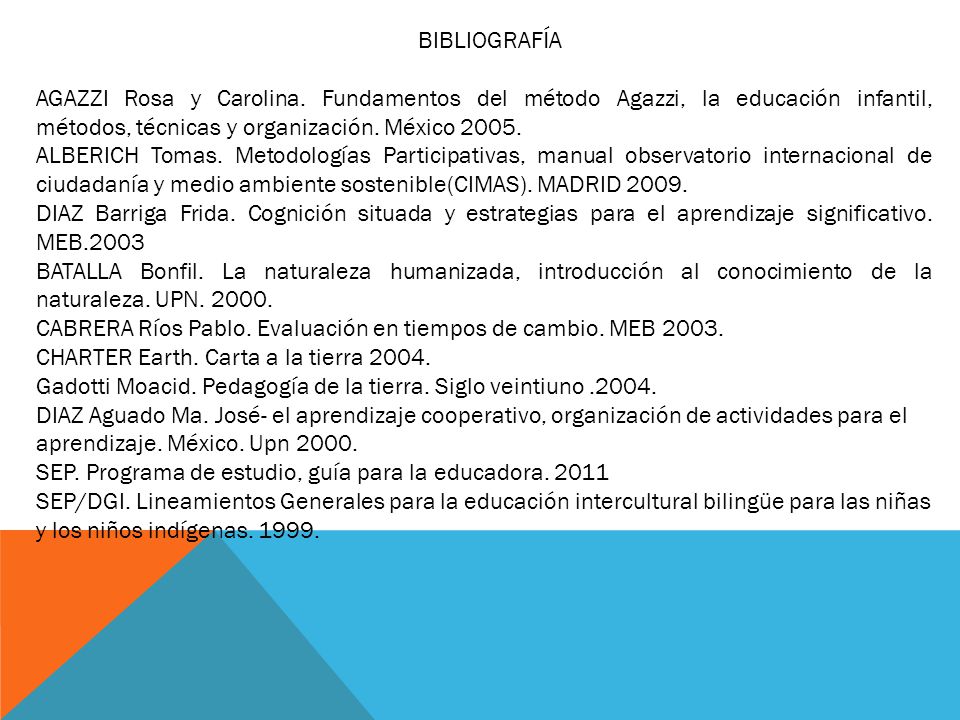 BIBLIOGRAFÍA AGAZZI Rosa y Carolina. Fundamentos del método Agazzi, la educación infantil, métodos, técnicas y organización. México