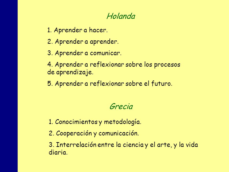 Holanda Grecia 1. Aprender a hacer. 2. Aprender a aprender.
