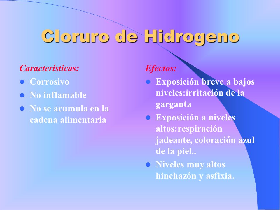 Cloruro de Hidrogeno Características: Corrosivo No inflamable