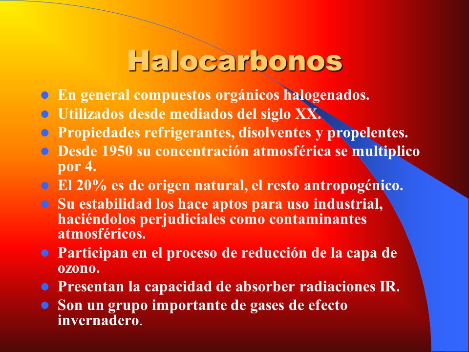 Halocarbonos En general compuestos orgánicos halogenados.