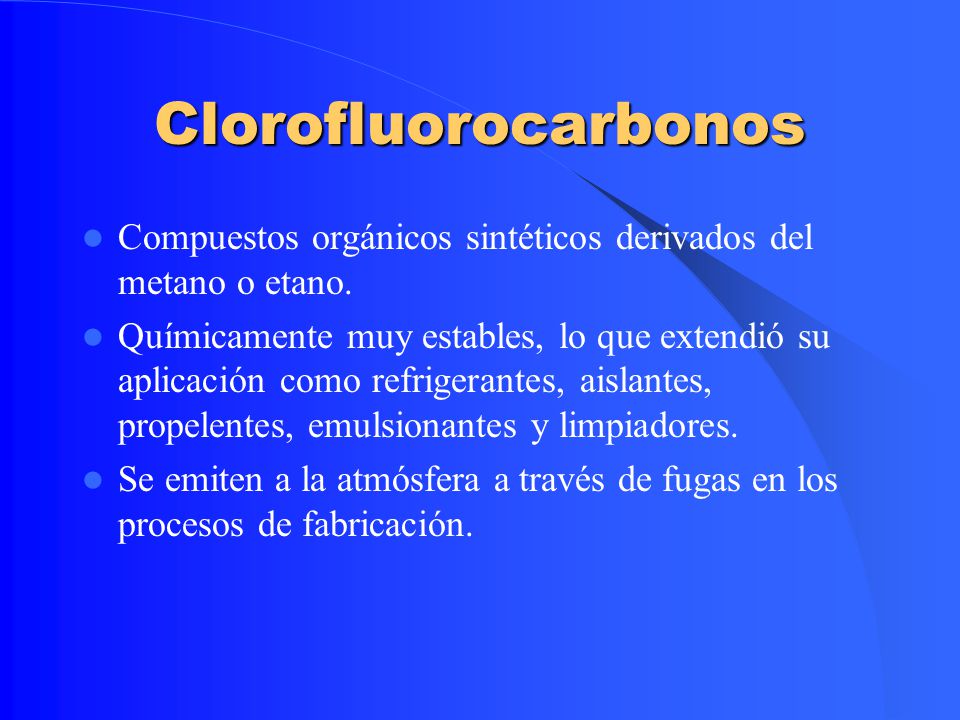 Clorofluorocarbonos Compuestos orgánicos sintéticos derivados del metano o etano.