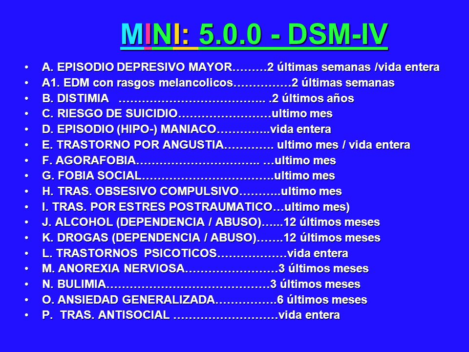 MINI: DSM-IV A. EPISODIO DEPRESIVO MAYOR………2 últimas semanas /vida entera. A1. EDM con rasgos melancolicos……………2 últimas semanas.