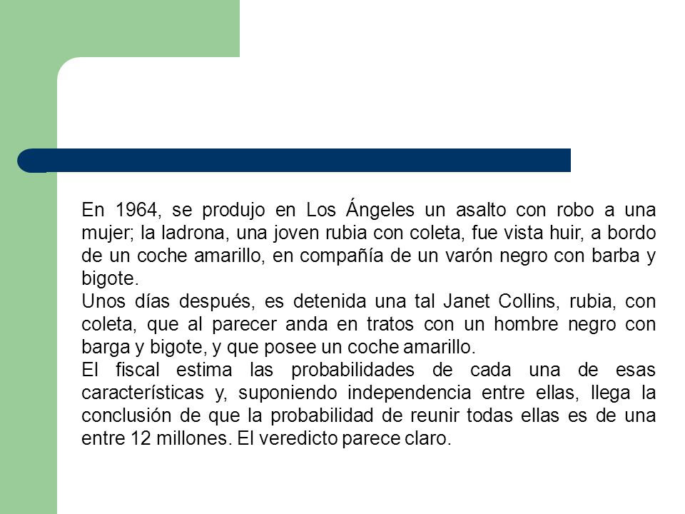 En 1964, se produjo en Los Ángeles un asalto con robo a una mujer; la ladrona, una joven rubia con coleta, fue vista huir, a bordo de un coche amarillo, en compañía de un varón negro con barba y bigote.