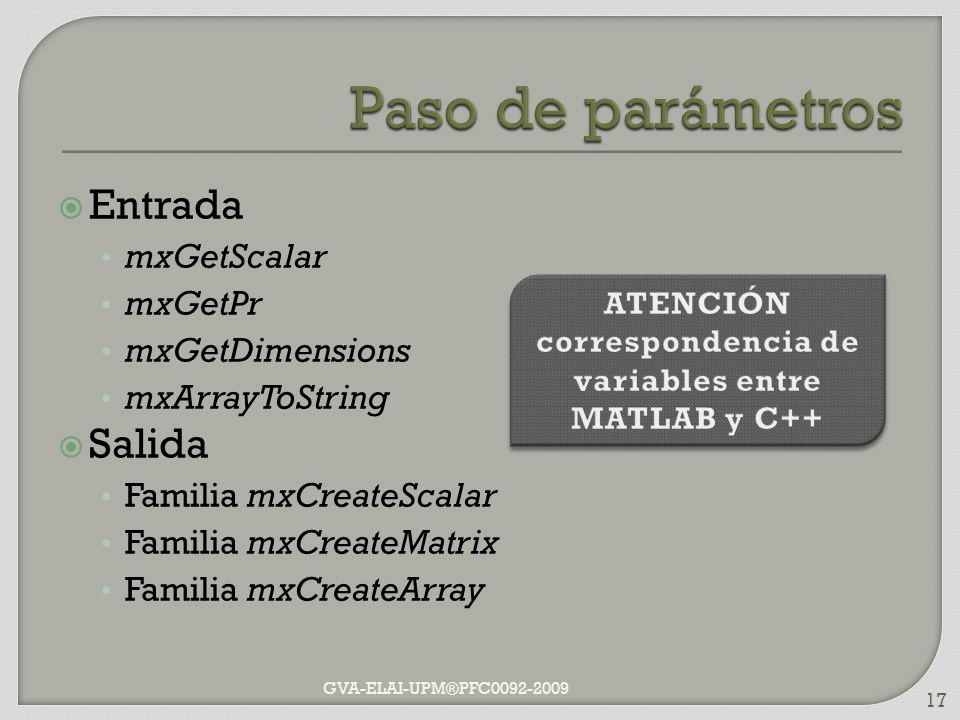 correspondencia de variables entre MATLAB y C++