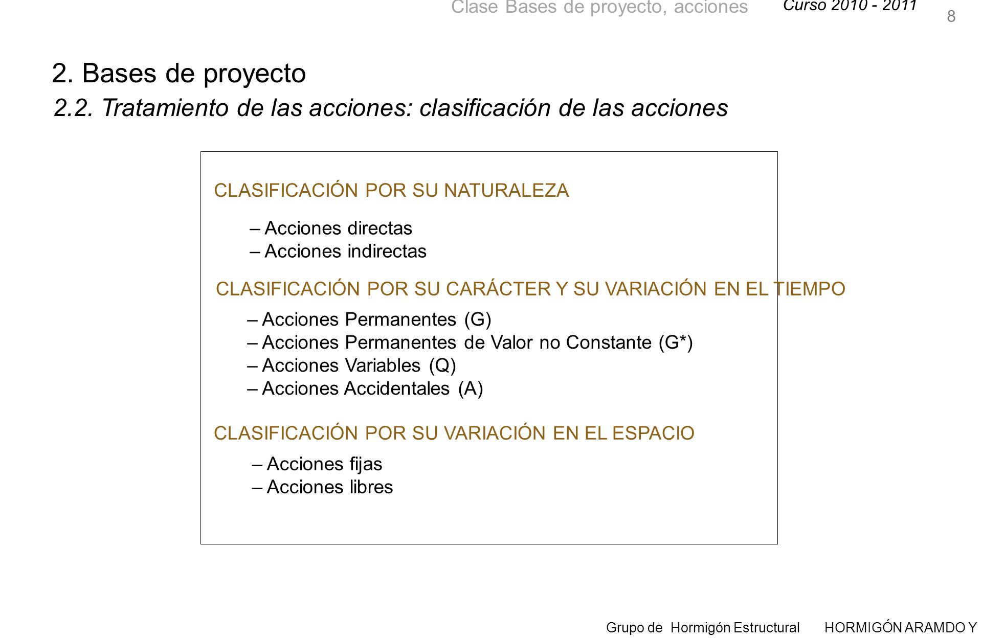 8 2. Bases de proyecto Tratamiento de las acciones: clasificación de las acciones. CLASIFICACIÓN POR SU NATURALEZA.