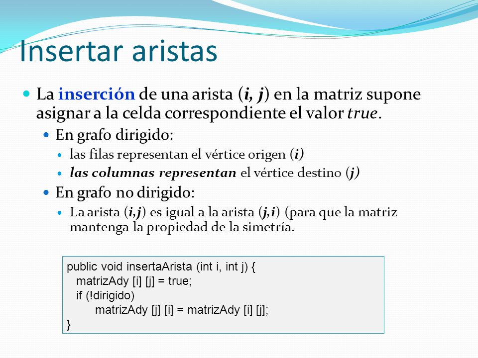 Insertar aristas La inserción de una arista (i, j) en la matriz supone asignar a la celda correspondiente el valor true.