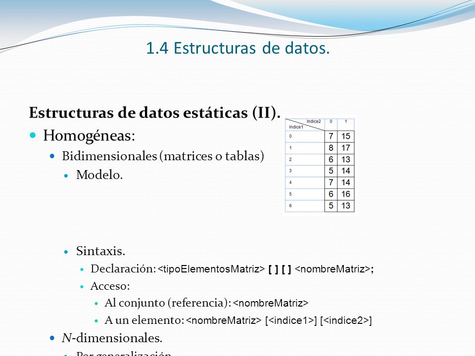 1.4 Estructuras de datos. Estructuras de datos estáticas (II).