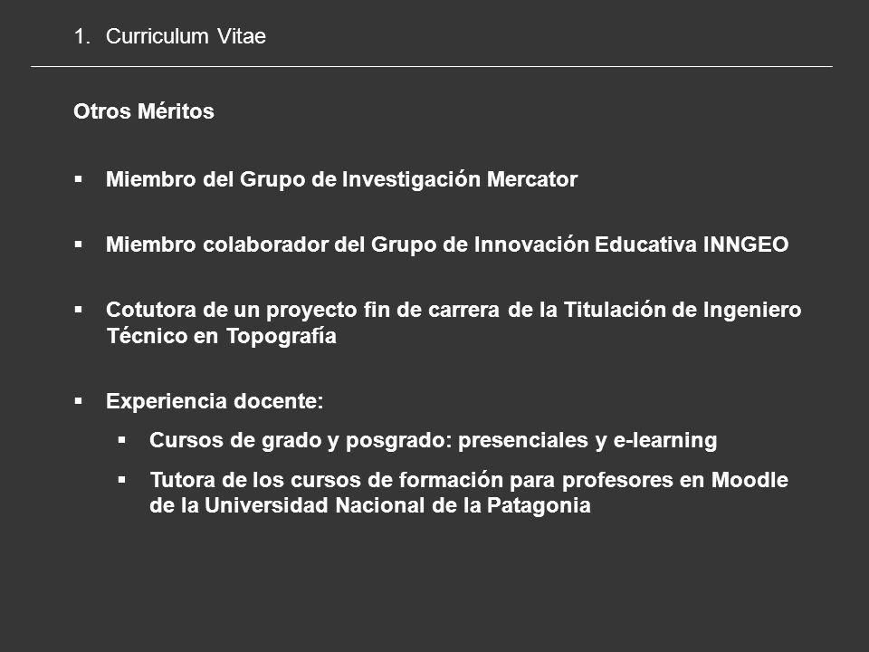 Curriculum Vitae Otros Méritos. Miembro del Grupo de Investigación Mercator. Miembro colaborador del Grupo de Innovación Educativa INNGEO.