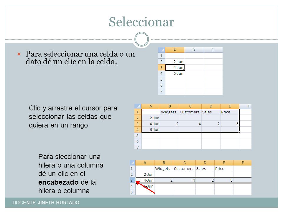 Seleccionar Para seleccionar una celda o un dato dé un clic en la celda.