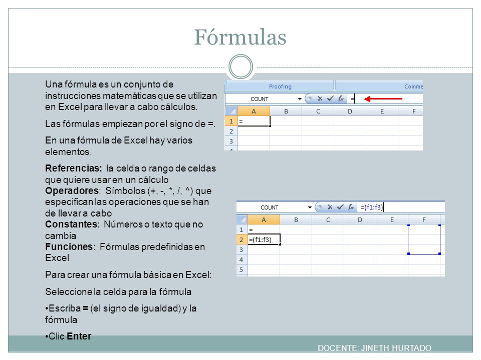 Fórmulas Una fórmula es un conjunto de instrucciones matemáticas que se utilizan en Excel para llevar a cabo cálculos.