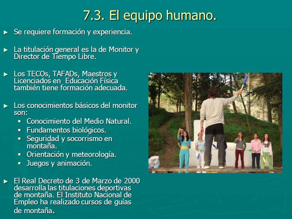 7.3. El equipo humano. Se requiere formación y experiencia.