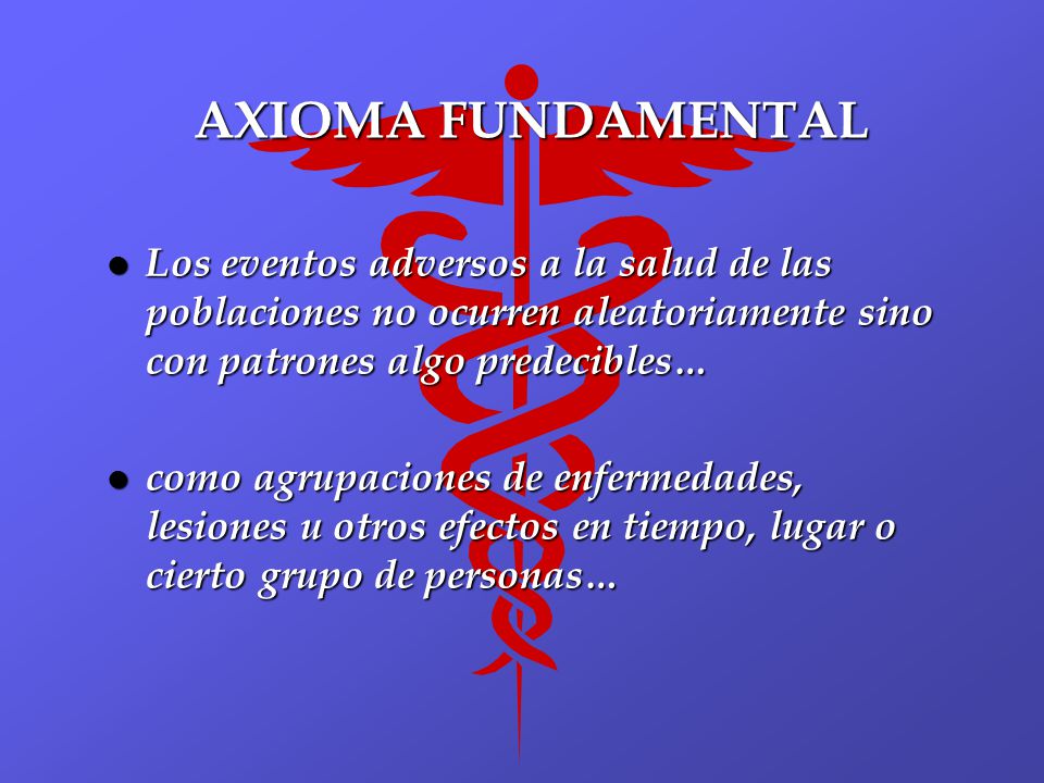 AXIOMA FUNDAMENTAL Los eventos adversos a la salud de las poblaciones no ocurren aleatoriamente sino con patrones algo predecibles…