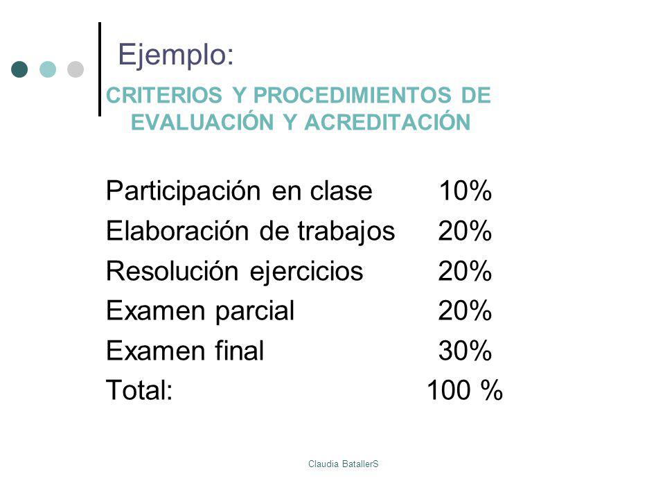 Ejemplo: Participación en clase 10% Elaboración de trabajos 20%