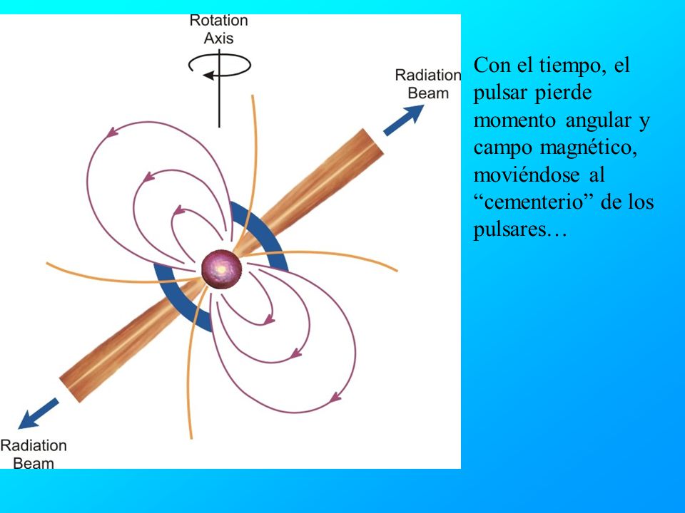 Con el tiempo, el pulsar pierde momento angular y campo magnético, moviéndose al cementerio de los pulsares…