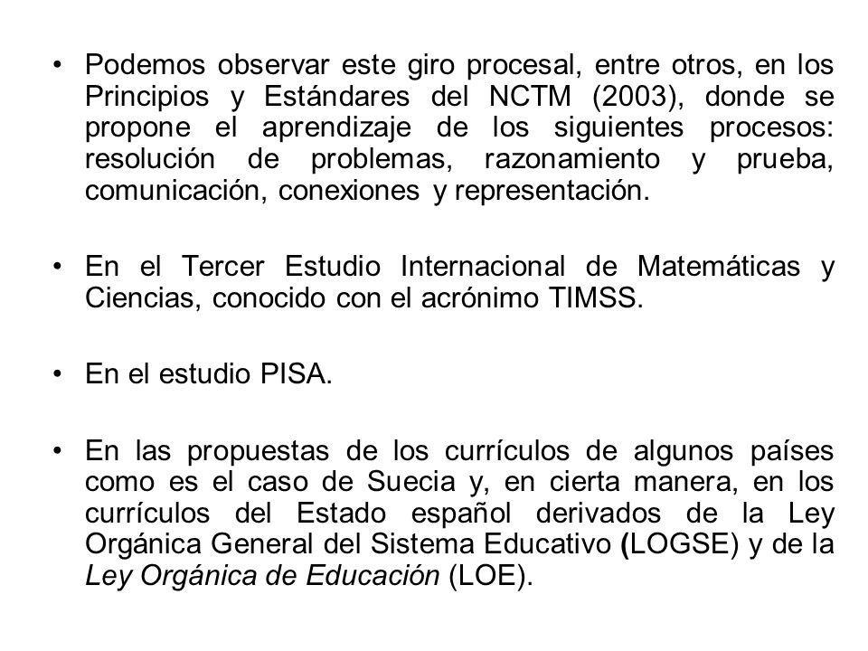 Podemos observar este giro procesal, entre otros, en los Principios y Estándares del NCTM (2003), donde se propone el aprendizaje de los siguientes procesos: resolución de problemas, razonamiento y prueba, comunicación, conexiones y representación.