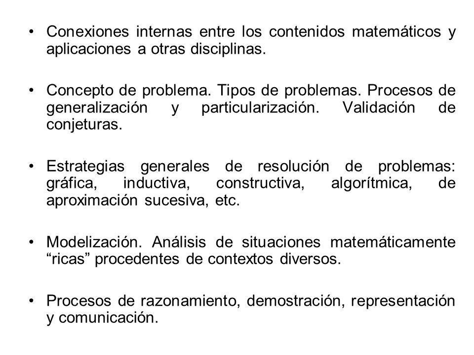 Conexiones internas entre los contenidos matemáticos y aplicaciones a otras disciplinas.