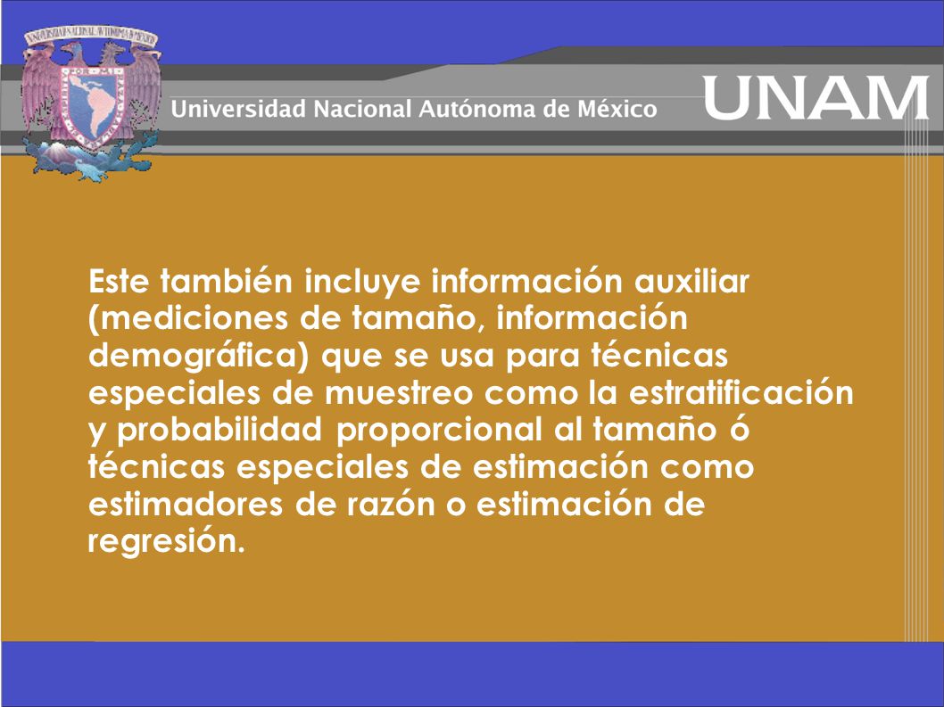 Este también incluye información auxiliar (mediciones de tamaño, información demográfica) que se usa para técnicas especiales de muestreo como la estratificación y probabilidad proporcional al tamaño ó técnicas especiales de estimación como estimadores de razón o estimación de regresión.