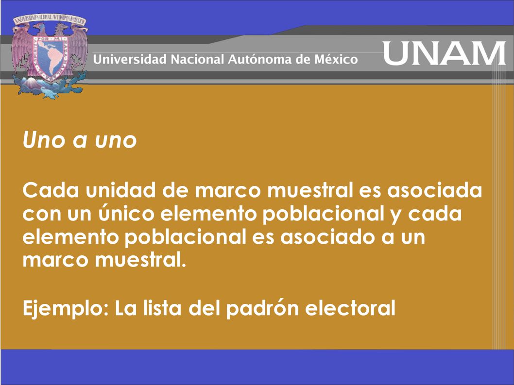 Uno a uno Cada unidad de marco muestral es asociada con un único elemento poblacional y cada elemento poblacional es asociado a un marco muestral.