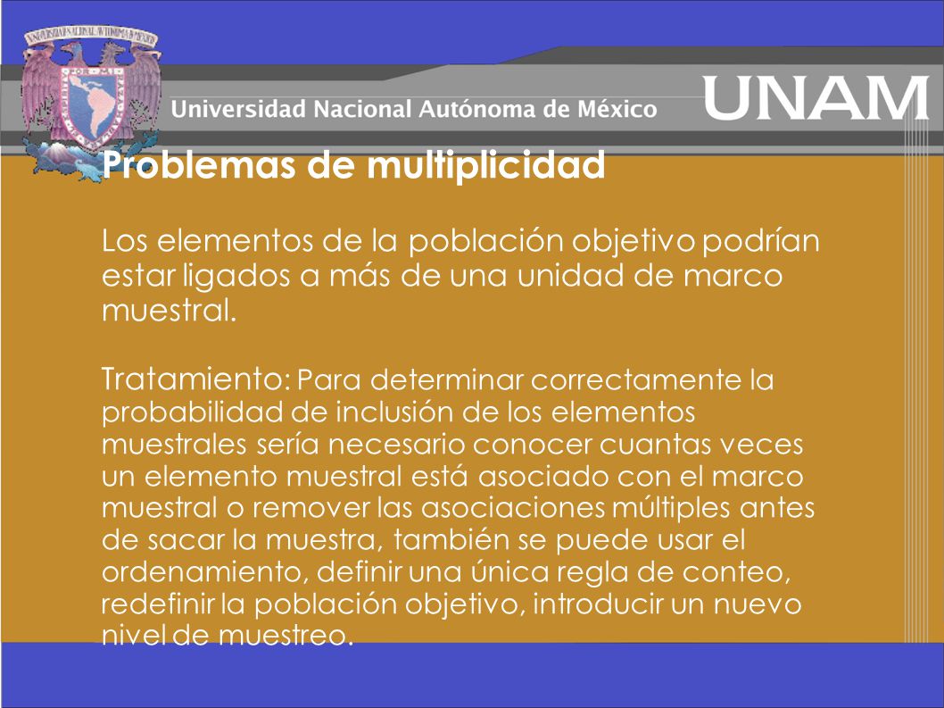 Problemas de multiplicidad Los elementos de la población objetivo podrían estar ligados a más de una unidad de marco muestral.