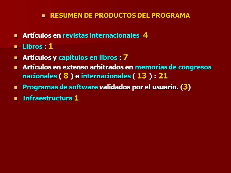 RESUMEN DE PRODUCTOS DEL PROGRAMA