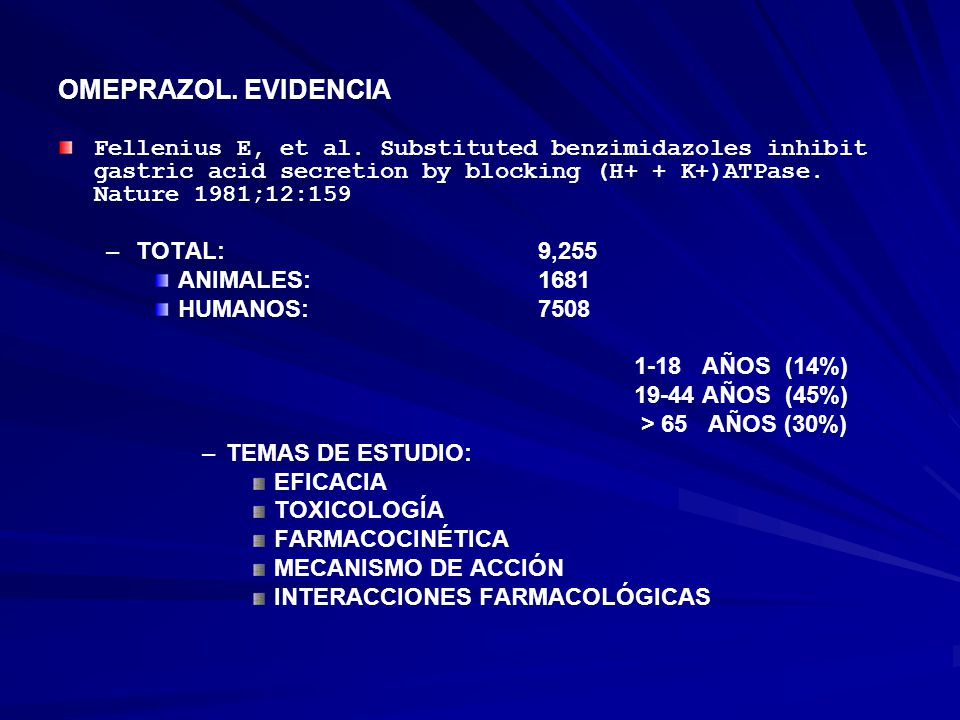 OMEPRAZOL. EVIDENCIA Fellenius E, et al. Substituted benzimidazoles inhibit gastric acid secretion by blocking (H+ + K+)ATPase. Nature 1981;12:159.