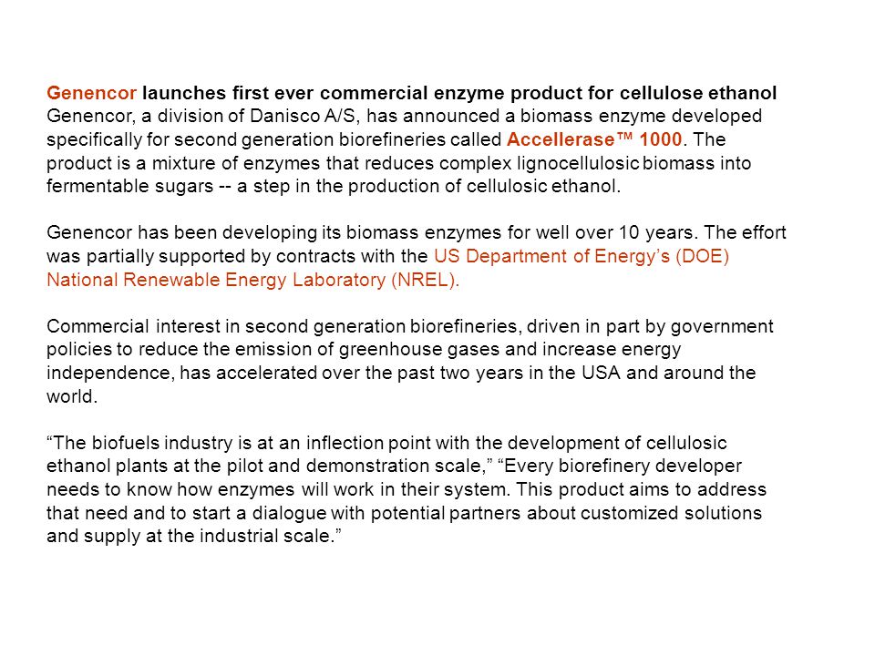Genencor launches first ever commercial enzyme product for cellulose ethanol