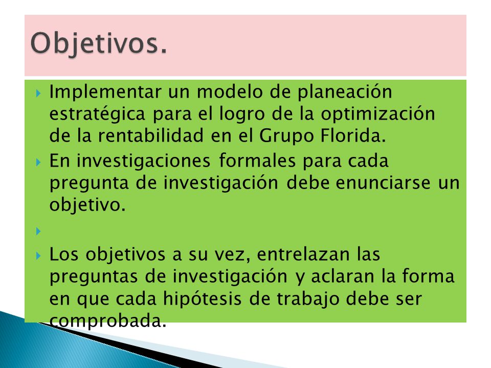 Objetivos. Implementar un modelo de planeación estratégica para el logro de la optimización de la rentabilidad en el Grupo Florida.