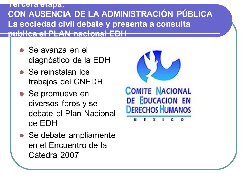 Tercera etapa. CON AUSENCIA DE LA ADMINISTRACIÓN PÚBLICA La sociedad civil debate y presenta a consulta publica el PLAN nacional EDH