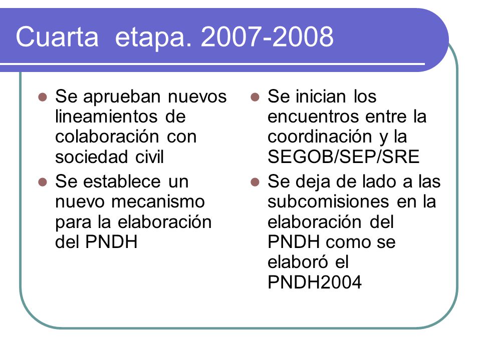 Cuarta etapa Se aprueban nuevos lineamientos de colaboración con sociedad civil.